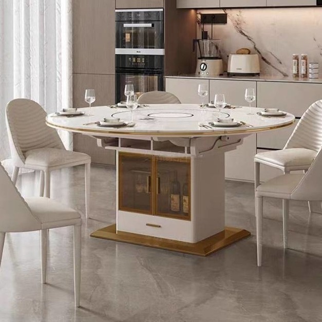 【摩登奢居系列】意式輕奢帶電磁爐暖菜板餐桌 餐廳家用內嵌轉盤雪山白岩板伸縮餐桌