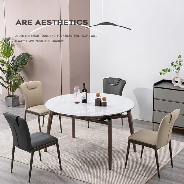 極簡風家用餐廳冰島玉微晶石意式簡約伸縮圓餐桌