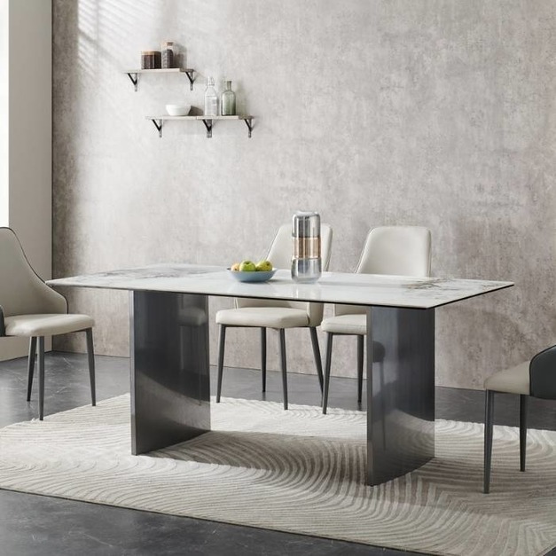 【雲貝蓓系列】 意式極簡不鏽鋼底架長方形餐桌簡約大氣6+8厘複合亮光香奈兒面板餐桌   ￥6940