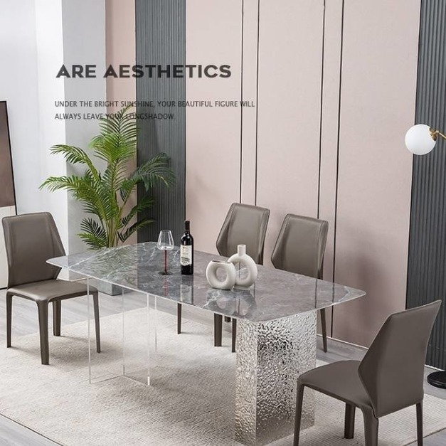 簡約亞克力不鏽鋼水波紋懸浮餐台極簡風大小戶型餐廳超晶石長餐桌