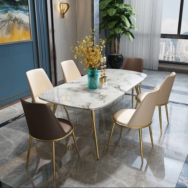 輕奢大理石餐桌簡約現代小戶型長方形桌子家用飯桌6人（中花白）