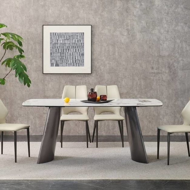 【雲貝蓓系列】 簡約大氣6+8厘複合亮光百達斐麗檯面馬肚形長餐桌意式極簡不鏽鋼底架餐桌