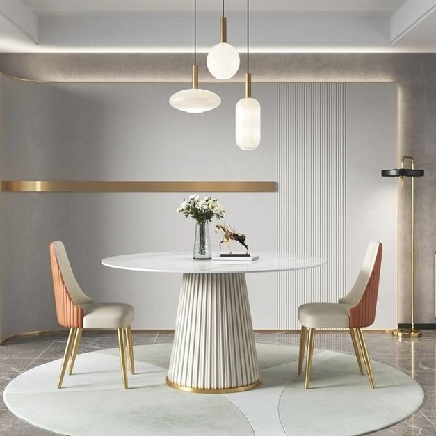 輕奢亮光岩板圓形餐桌簡約家用小戶型餐桌椅子組合（魚肚白）