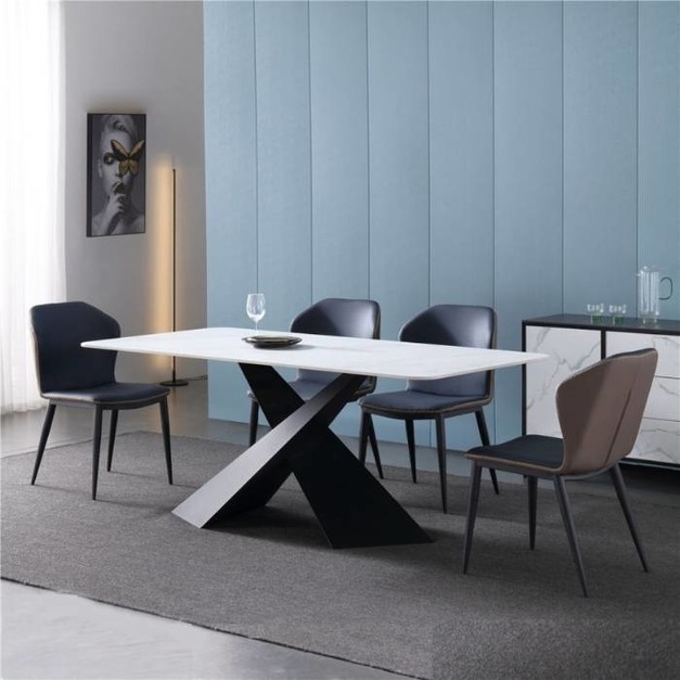 家用極簡啞光岩板餐桌時尚長方形餐廳飯桌（魚肚白）