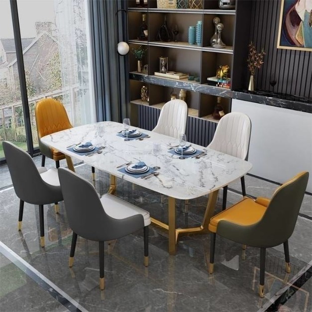 輕奢大理石餐桌家用現代簡約長方形飯桌餐台（中花白）