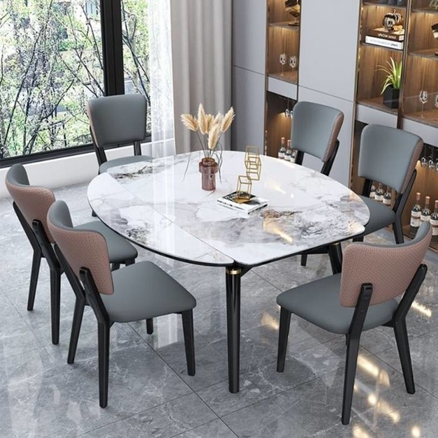 【雲貝蓓系列】意式輕奢風 亮光香奈兒岩板設計家用餐廳伸縮餐桌