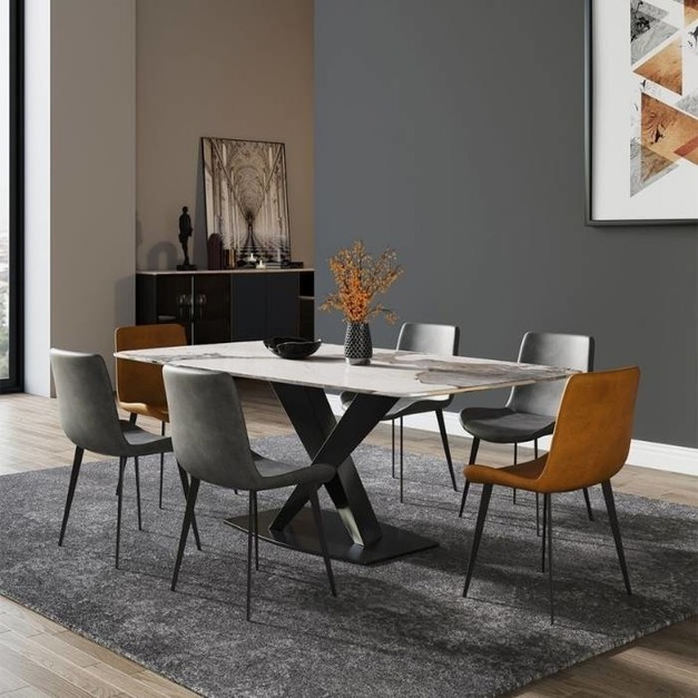 【哥斯圖系列】摩登系列極簡風格 潘朵拉亮光岩板餐桌馬肚形碳素鋼餐桌