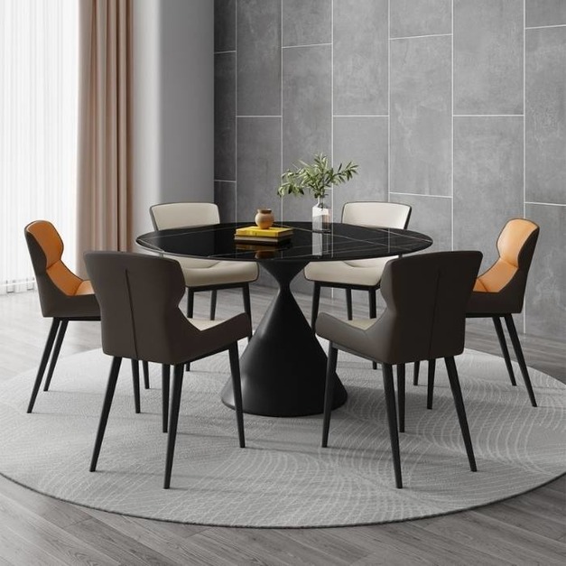 【哥斯圖系列】意式極簡啞光勞倫黑金岩板餐桌小戶型家用圓形飯桌