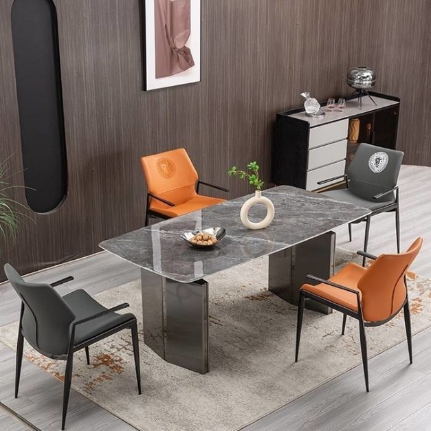 極簡風大小戶型不鏽鋼灰鋼拉絲餐桌別墅家用餐廳長餐台