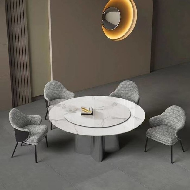 極簡風格雪山飛狐人造大理石帶轉盤圓餐桌