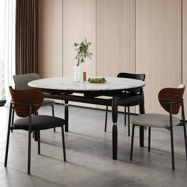 極簡時尚小戶型餐廳微晶石檯面餐桌伸縮功能桌