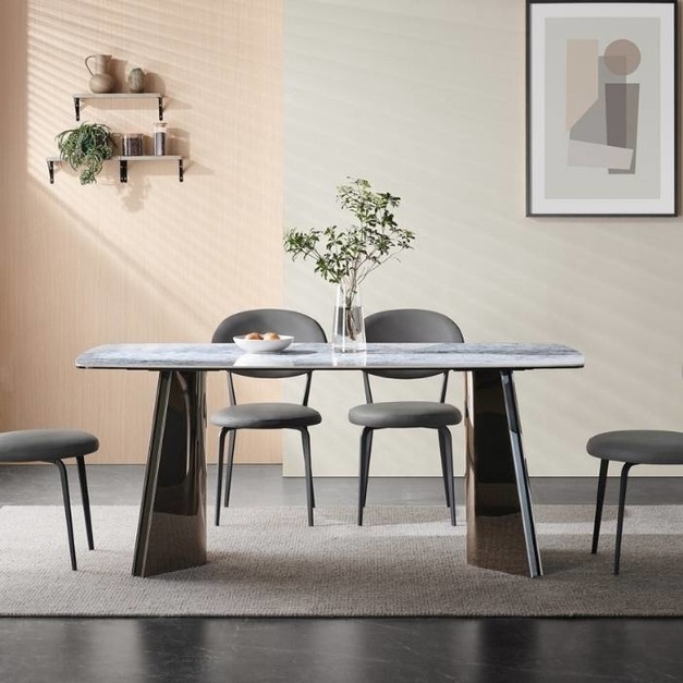 意式極簡家用餐廳6+8厘複合亮光藍水晶檯面馬肚形長餐桌   