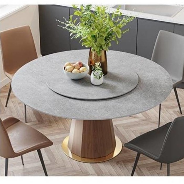 意式輕奢帶轉盤圓桌家用飯廳啞光岩板圓餐台（維克灰）