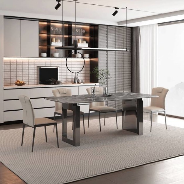 戒指餐桌 簡約家用客廳小戶型長方形亮光星河灰超晶石餐台