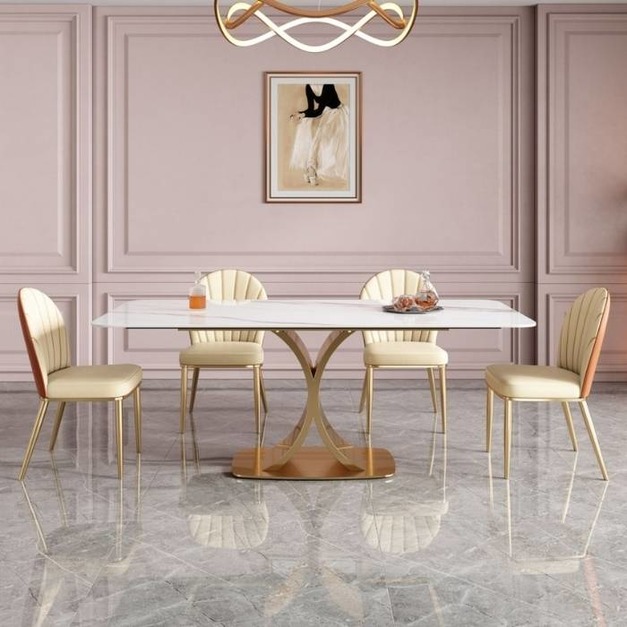 輕奢風格長方形餐桌 小戶型家用亮光岩板餐臺