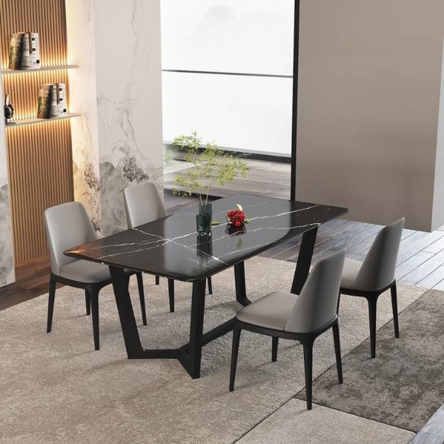 白蠟木底架大理石餐桌 簡約小戶型長方形餐桌（黑白根）