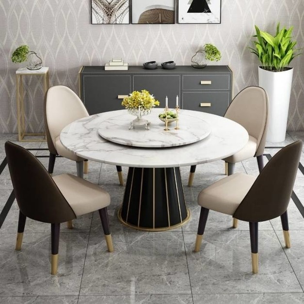 餐桌圓形后現代飯桌家用簡約大理石餐桌（中花白）