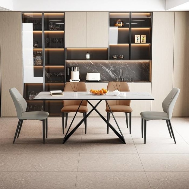 【摩登奢居系列】極簡風12mm亮光雪山白岩板餐桌時尚個性長餐桌