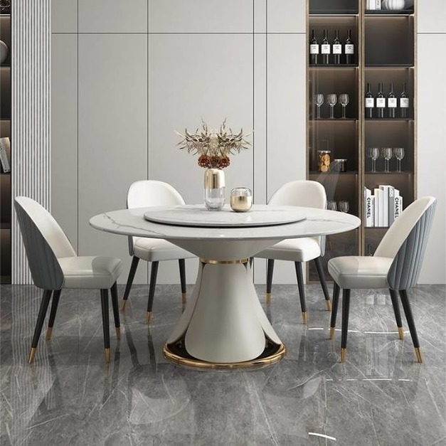 輕奢風格 小戶型家用岩板圓桌 餐廳亮光岩板帶轉盤餐桌   