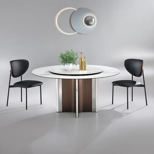 【雲貝蓓系列】極簡風餐廳家用圓桌 簡約玻璃複合岩板含轉盤餐桌   