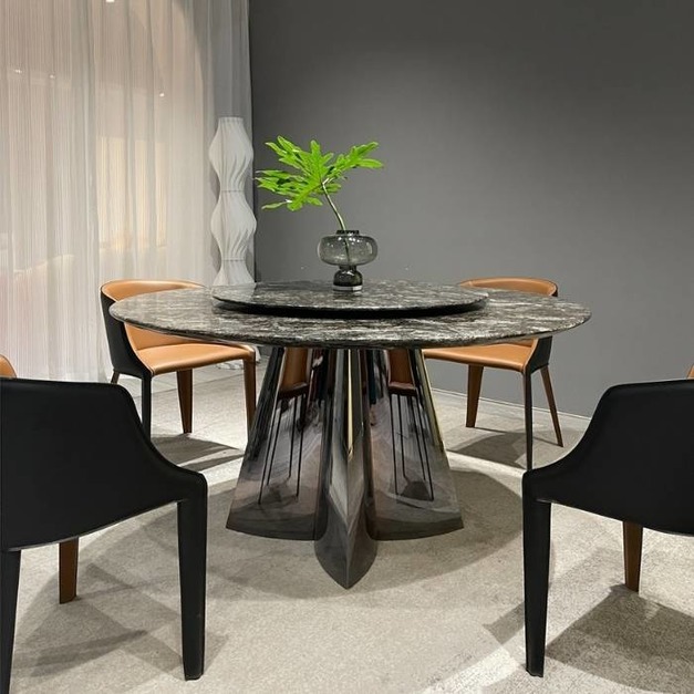 大理石圓餐桌輕奢高端現代簡約轉盤鉑金鑽（四葉草）餐桌 #-139