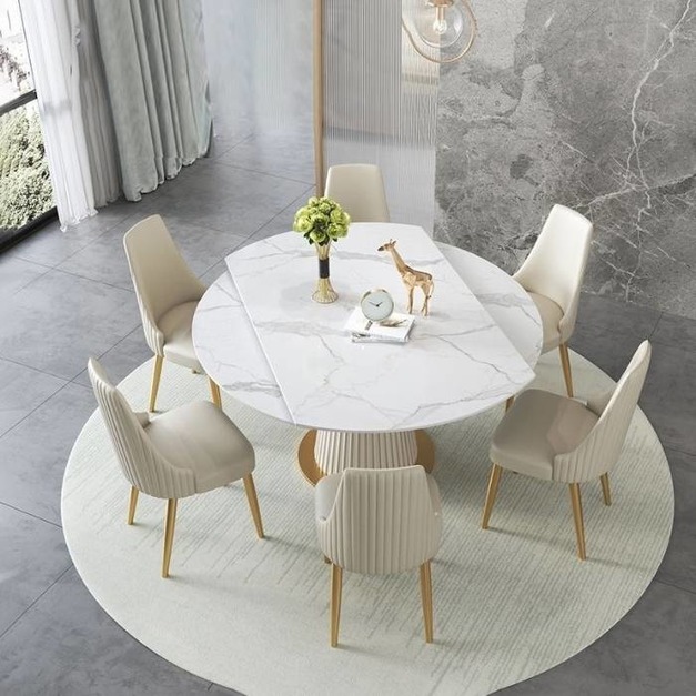 輕奢風格亮光岩板圓桌旋轉伸縮多功能餐桌（魚肚白）
