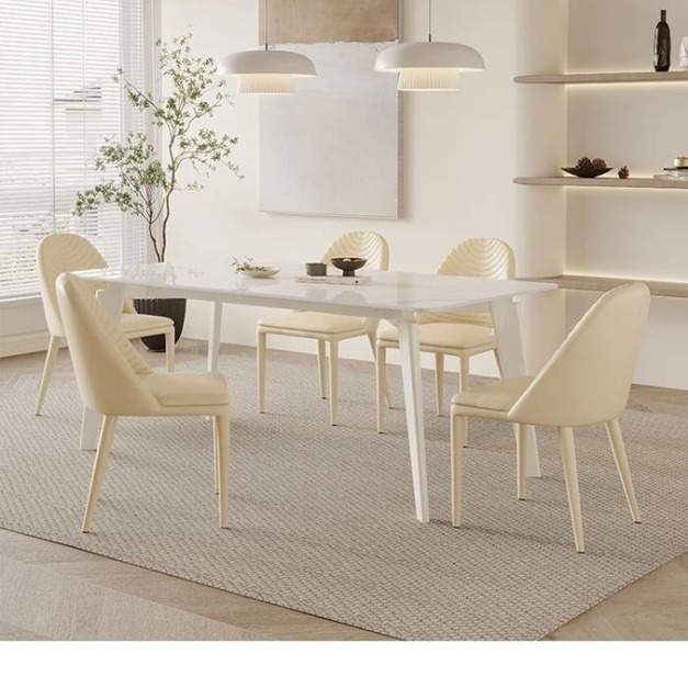 奶油風亮光雪山白岩板餐桌意式極簡家用餐廳長方形餐桌