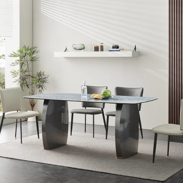 【雲貝蓓系列】 意式輕奢不鏽鋼餐桌簡約6+8厘複合亮光藍水晶岩板馬肚形長餐桌