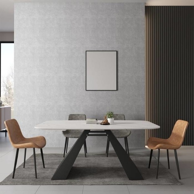【哥斯圖系列】摩登系列極簡風格 啞光雪山白岩板碳素鋼底座A型餐桌