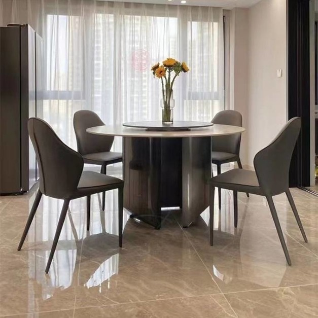 高檔餐廳極簡時尚圓桌家用亮光岩板轉盤餐桌