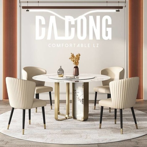 輕奢亮光岩板圓桌 簡約帶轉盤可旋轉高端餐桌（潘朵拉）