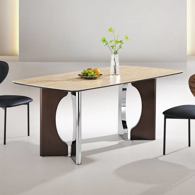 【雲貝蓓系列】極簡風餐廳家用餐台 簡約12mm啞光羅馬洞石岩板長方形餐桌