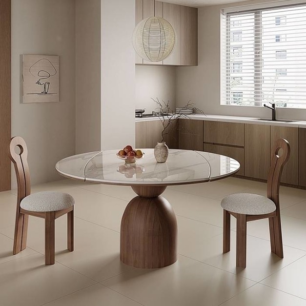 【雲貝蓓系列】中古風家用小戶型家用餐廳伸縮功能餐桌簡約亮光魚肚白岩板圓桌