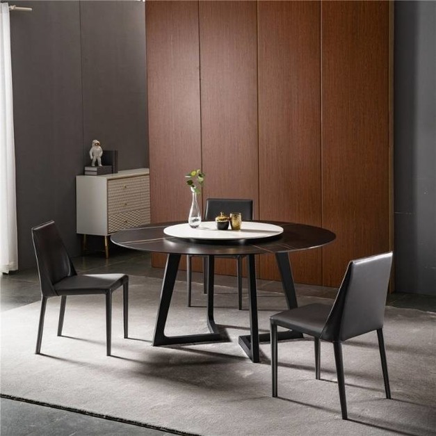 意式啞光岩板極簡圓桌家用黑白色圓形帶轉盤家用餐廳餐桌（啞光勞倫黑金+啞光魚肚白）