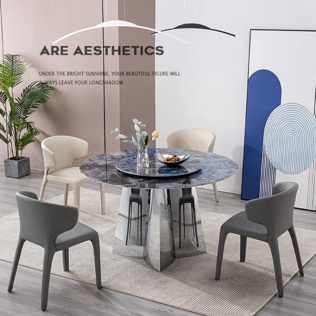 意式極簡超晶石餐桌家用簡約圓形帶轉盤餐臺