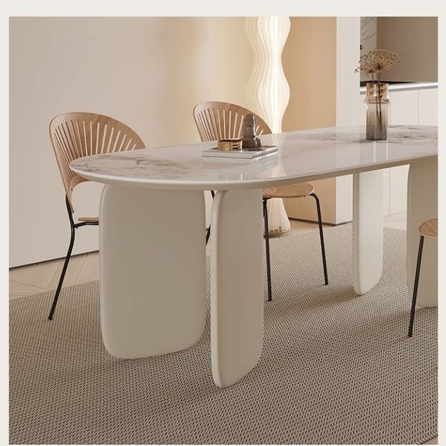 【雲貝蓓系列】奶油風意式極簡耐磨耐高溫香奈兒亮光岩板多人用餐長餐桌