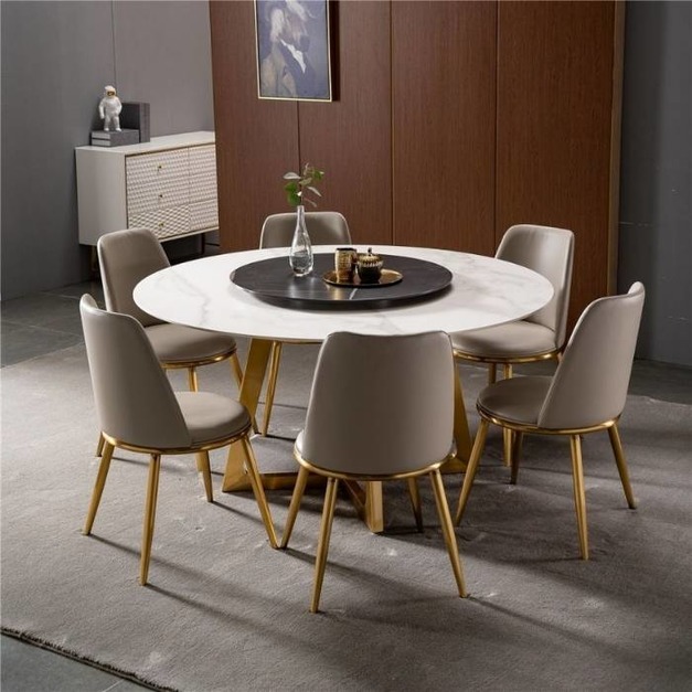 時尚輕奢家用桌子小戶型鈦金簡約啞光岩板帶轉盤餐桌（啞光魚肚白+啞光勞倫黑金）