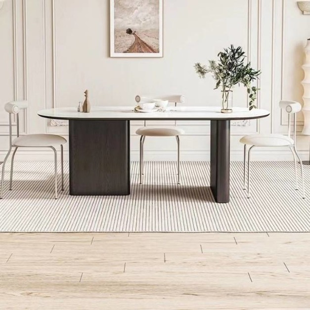 【雲貝蓓系列】 客廳多用一體12mm啞光雪山石岩板面家用家用橢圓白蠟木腳桌子