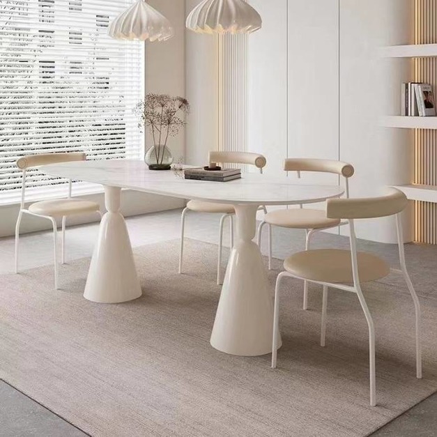 設計師款-聖杯餐桌 極簡奶油風簡約家用餐廳12mm亮光魚肚白岩板面桌子