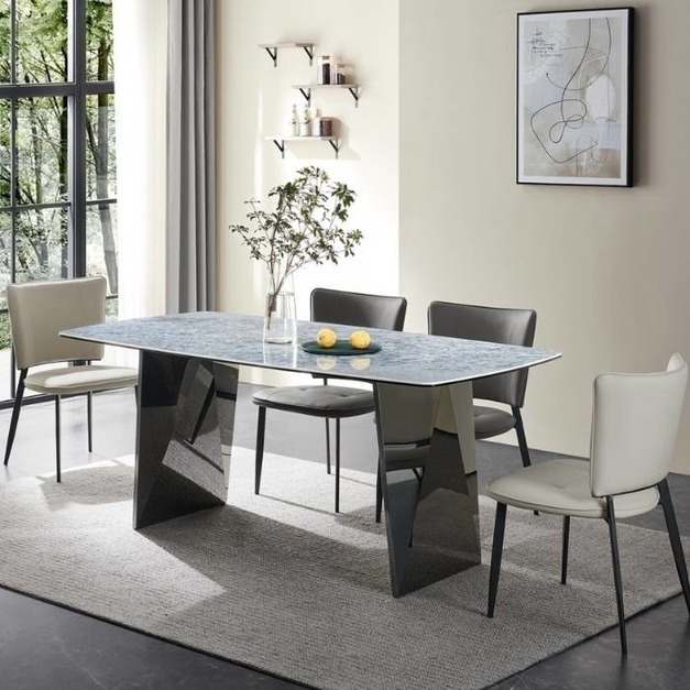 【雲貝蓓系列】 極簡家用餐廳馬肚形長餐桌簡約6+8厘複合亮光藍水晶面板餐桌