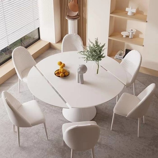 極簡啞光純白岩板奶油風伸縮摺疊旋轉餐桌家用小戶型方圓兩用桌子