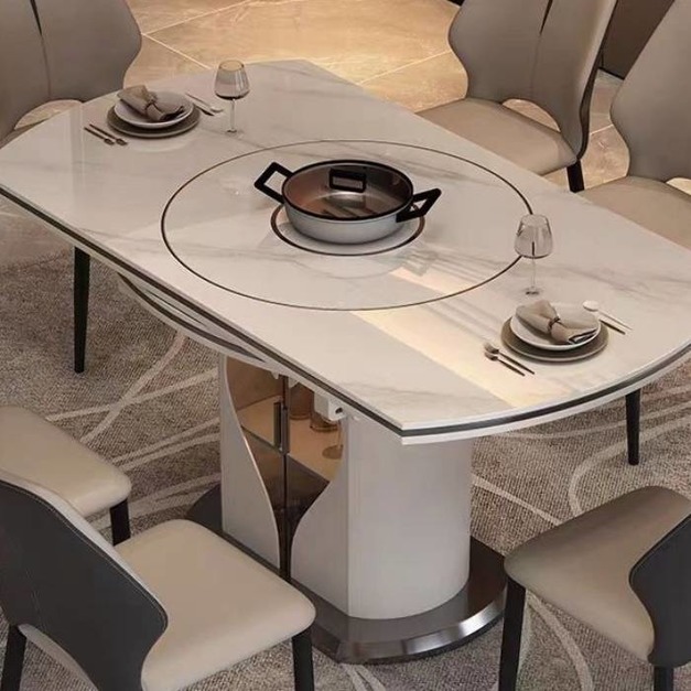 【摩登奢居系列】極簡風帶電磁爐功能餐桌 餐廳家用12mm雪山白岩板內嵌轉盤伸縮餐桌
