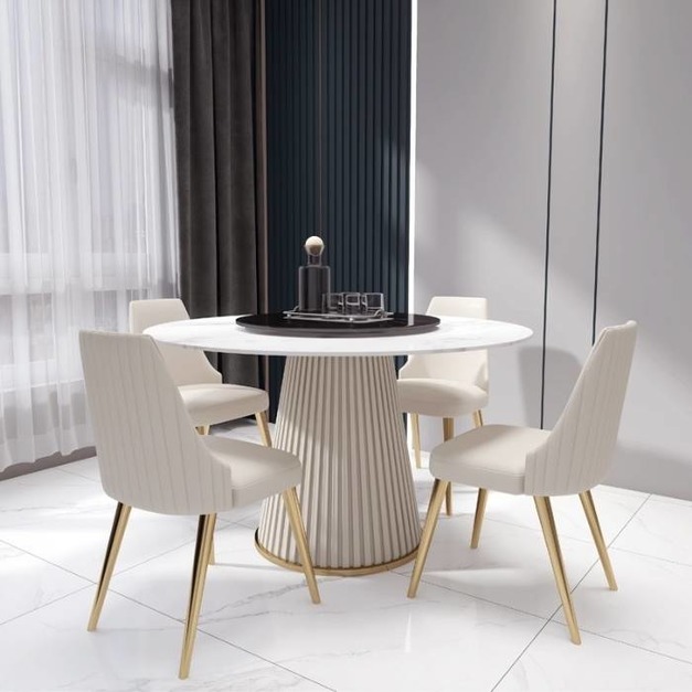 輕奢啞光岩板餐桌簡約家用帶轉盤餐台（雪山白+勞倫黑金）