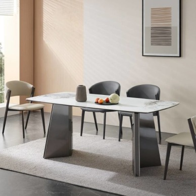 【雲貝蓓系列】 意式簡約不鏽鋼黑鈦餐桌極簡6+8厘複合亮光香奈兒面板馬肚形長餐桌