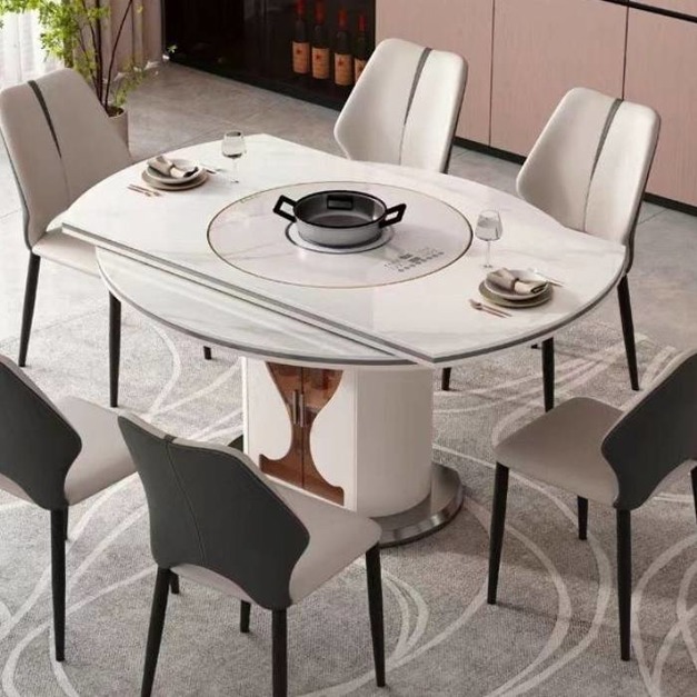 【摩登奢居系列】意式極簡帶電磁爐暖菜板餐桌 餐廳家用內嵌轉盤伸縮功能餐桌