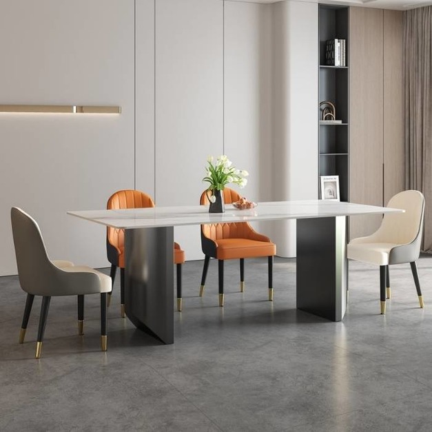 【摩登奢居系列】 意式極簡12厘亮光羊脂白玉岩板餐桌個性時尚家用長餐桌