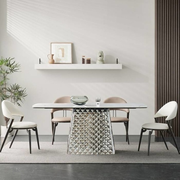 【雲貝蓓系列】 極簡家用6+8厘複合亮光雪山石馬肚形餐桌簡約不鏽鋼原色長餐桌