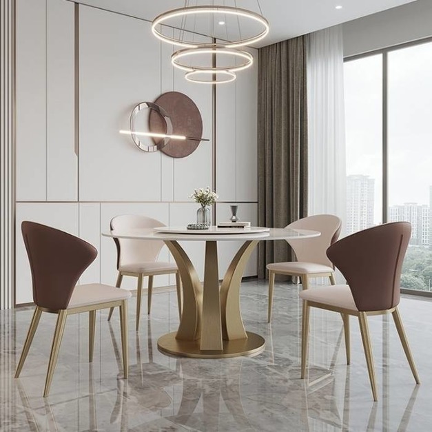 【雲貝蓓系列】 輕奢時尚大小戶型帶轉盤圓餐桌簡約12厘亮光雪山石岩板圓餐桌