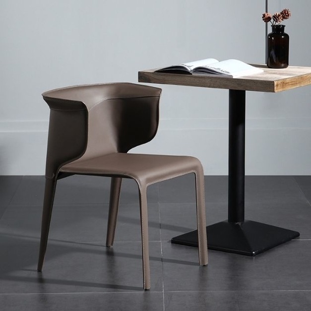 極簡風格皮餐椅 休閒靠背椅洽談椅家用馬鞍皮椅（深咖色）