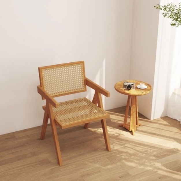 【減色系列】都市侘寂系列 設計師款扶手椅白蠟木配藤編工藝家用餐椅